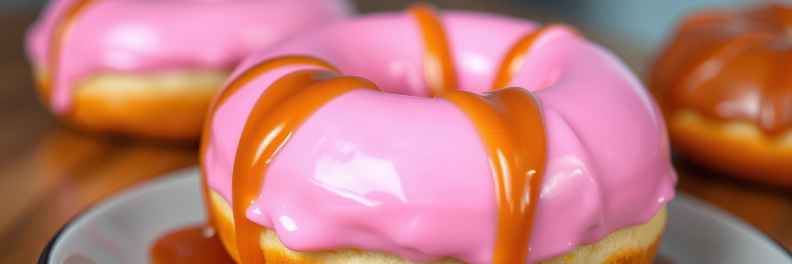 Delicious pink frosted donuts with caramel drizzle on a wooden table ready to be enjoyed during a sweet treat moment